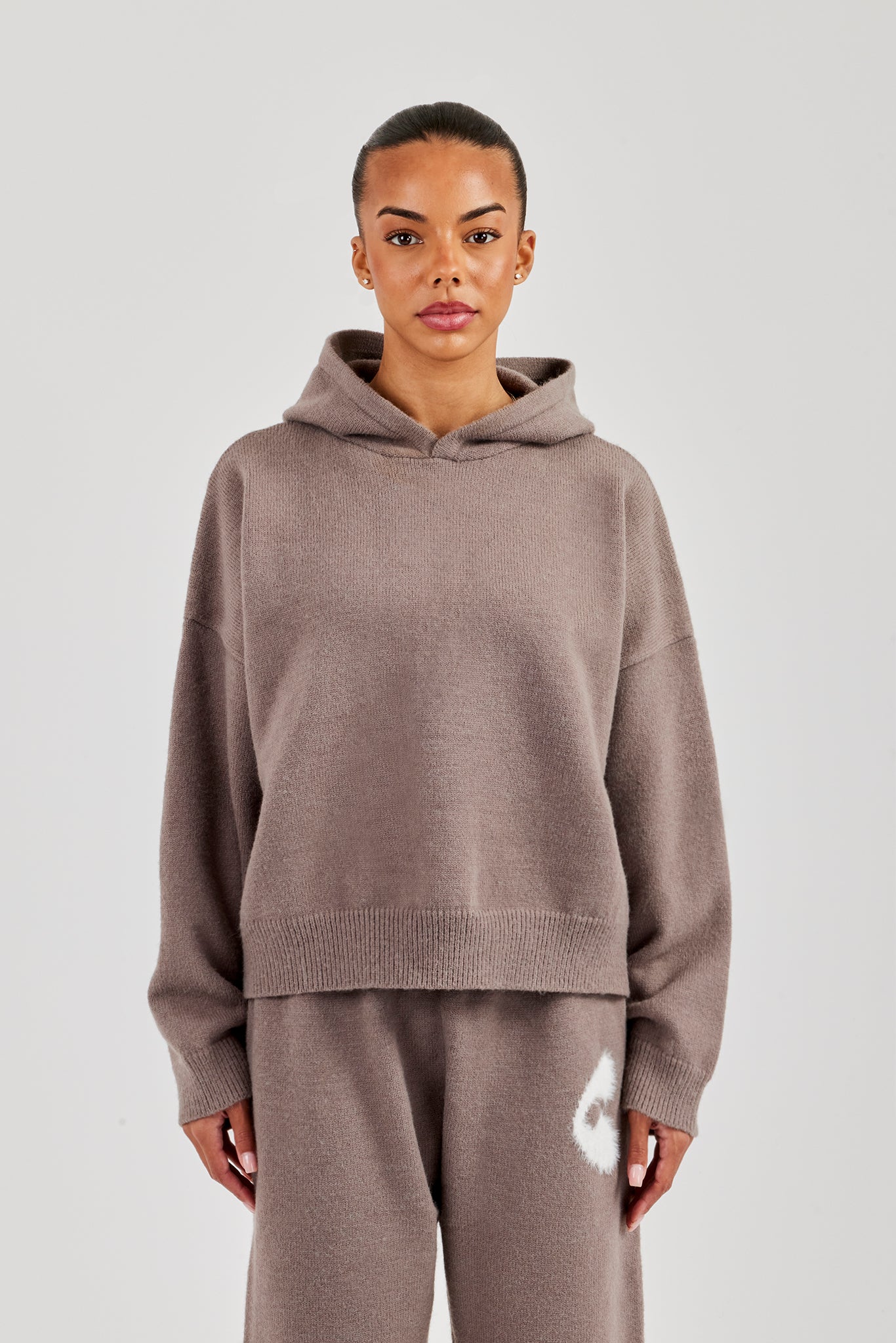 Fluffy Intarsia Boxy Hoodie - Taupe